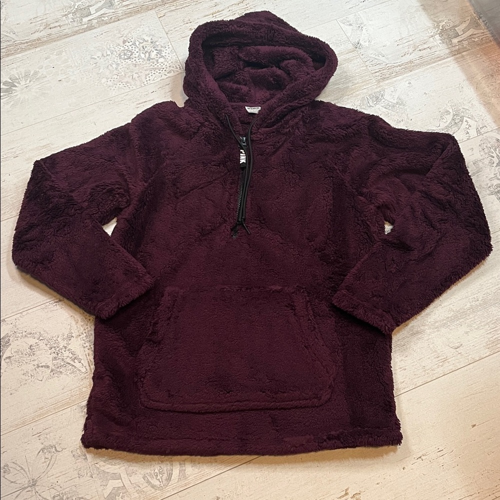 Pink Victoria's Secret Maroon 1/2 Zip Hooded Fuzzy Sherpa Jacket Small